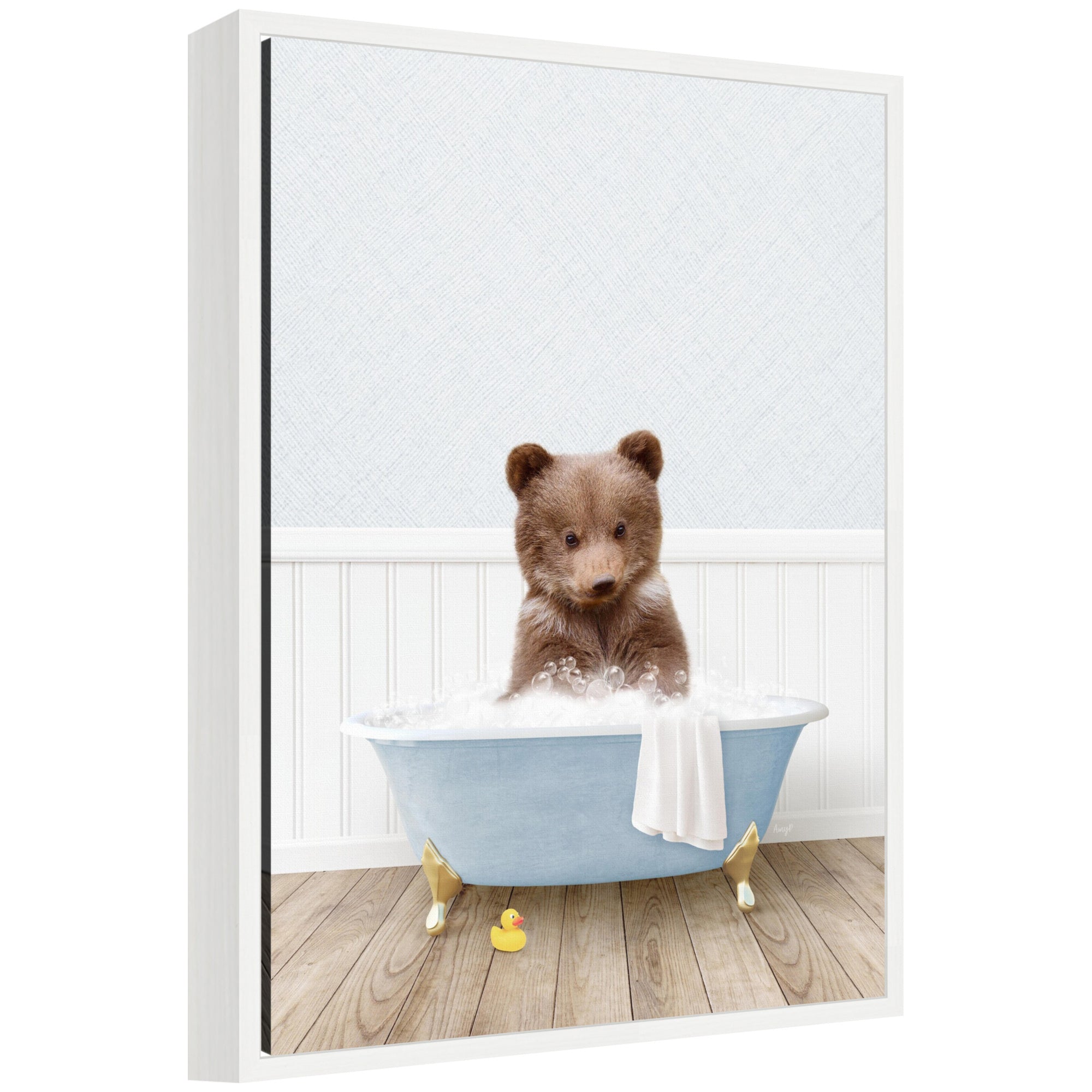 Sylvie Bear Cub in Cottage Blue Bathtub framed canvas art by Amy Peterson