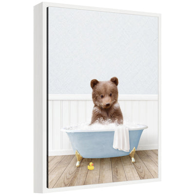 Sylvie Bear Cub in Cottage Blue Bathtub framed canvas art by Amy Peterson