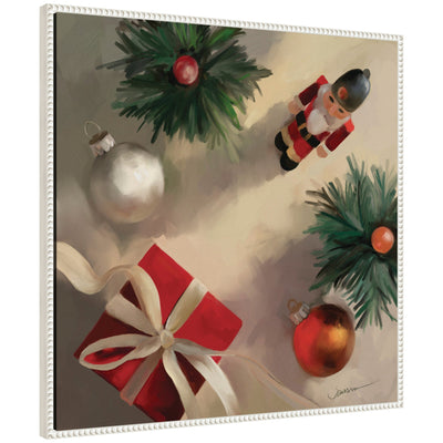 Framed canvas wall art titled 'Tis The Holiday Season' by Mary Sparrow, featuring holiday-inspired imagery in a Sylvie beaded frame.