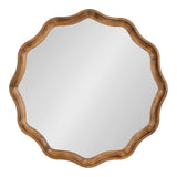 Round mirror with a scalloped, wavy wooden frame in warm brown tones and a smooth reflective surface, shown against a white background.