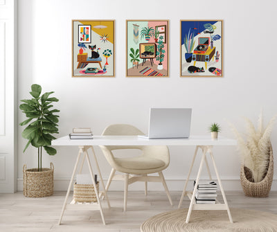 Sylvie Record Player, TV Cat Bed and Chill Out Saturday Framed Canvas Art Set by Rachel Lee of My Dream Wall