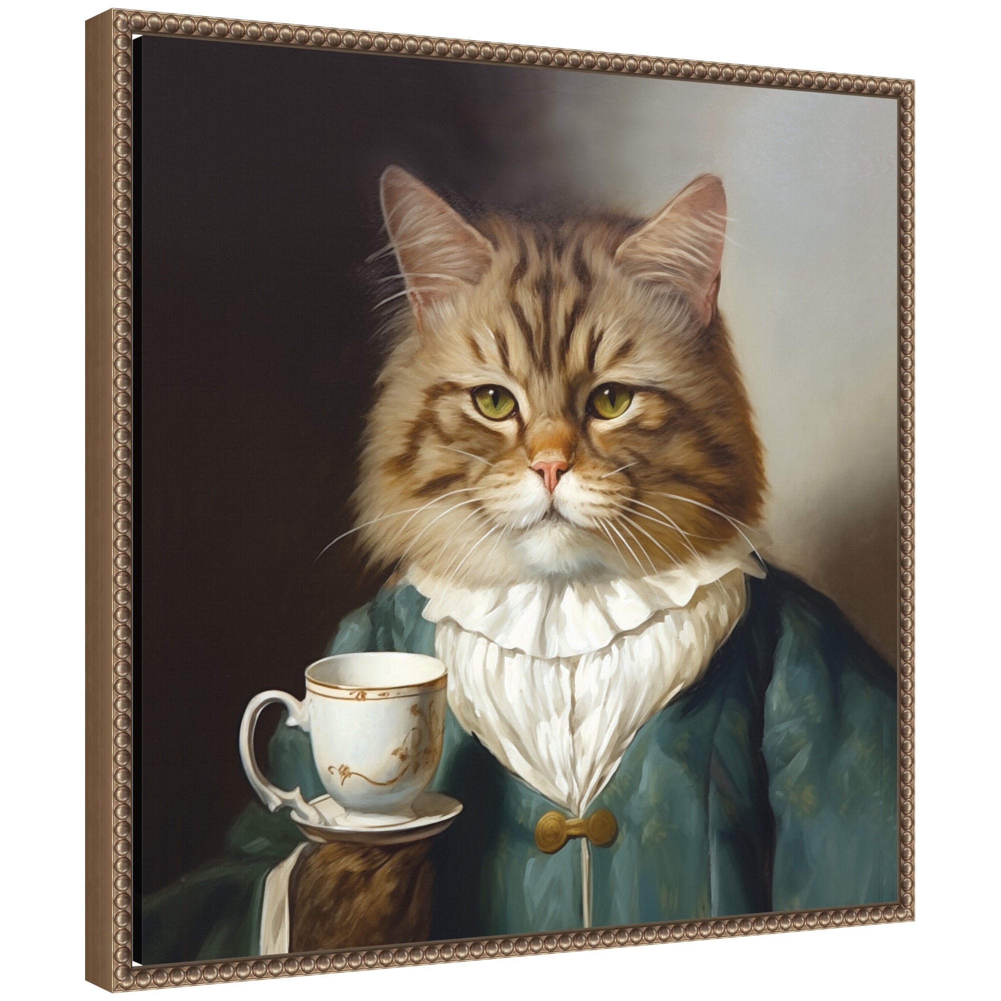 Framed canvas art titled Sylvie Teacup Cat with a vintage beaded gold frame