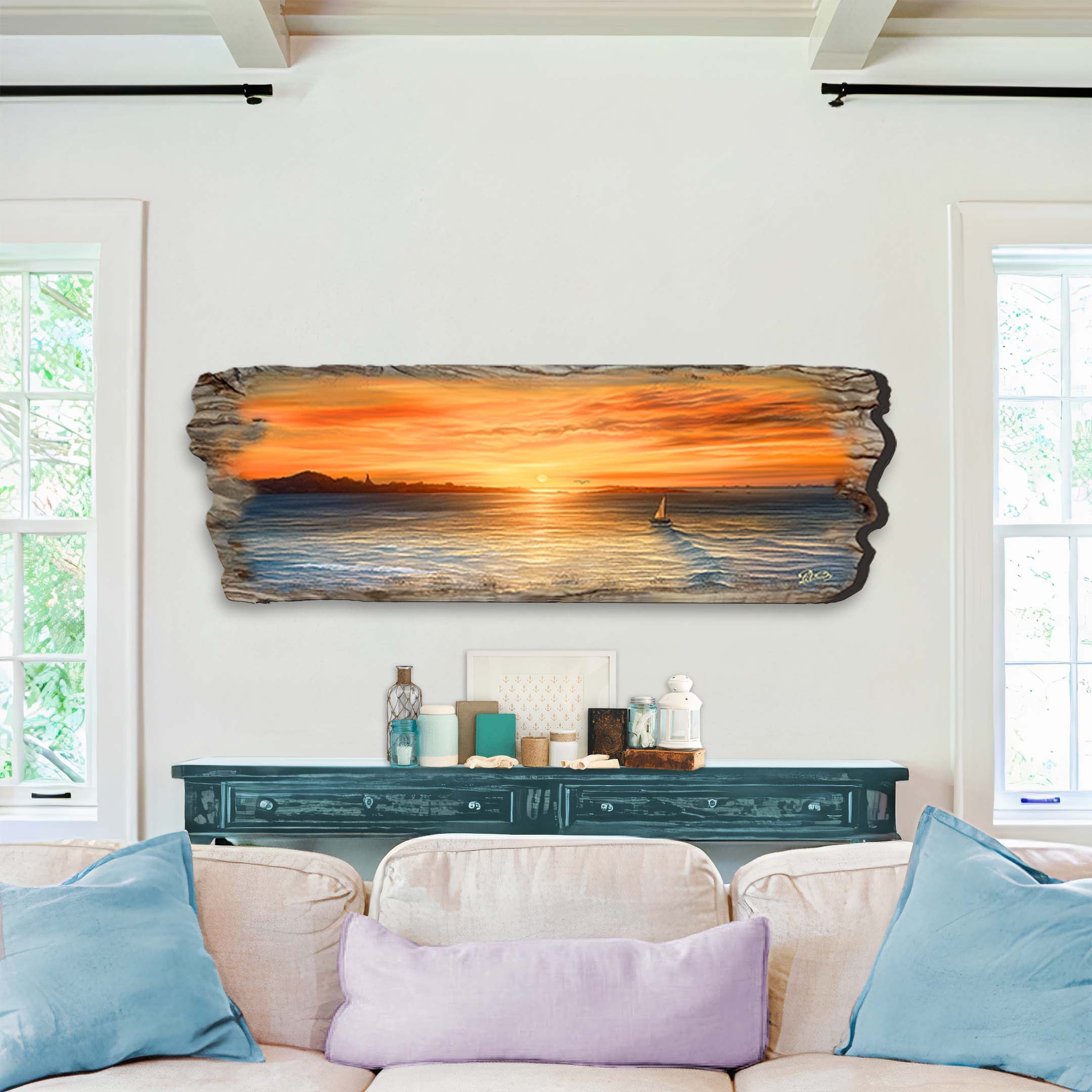 Ocean Sunset Wooden Wall Art by G. DeBrekht showing a coastal sea-life scene on wood with sunset colors