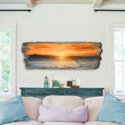Ocean Sunset Wooden Wall Art by G. DeBrekht showing a coastal sea-life scene on wood with sunset colors