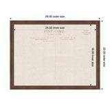 Rectangular framed pinboard with vintage linen postcard design, showing outer size 26x20 inches and inner size 24x18 inches, with wood-colored frame