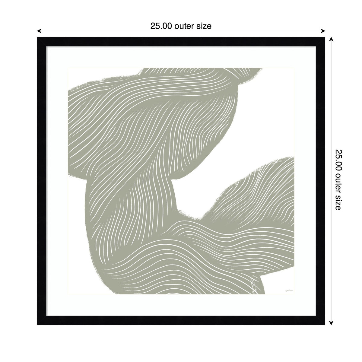 Abstract wall art with flowing light gray and white curving lines creating organic, wave-like shapes within a black 25x25 inch frame.