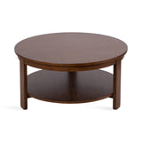 Round wood coffee table with a smooth, dark brown finish and a lower circular shelf supported by four straight legs.