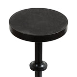 Round black adjustable-height table or plant stand with a smooth top and a central cylindrical support featuring a knob for height adjustment.