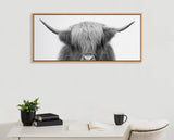 Black and white close-up of a Highland cow’s head with long shaggy hair covering its eyes, framed and hung above a white desk with a plant, books, and a coffee mug.