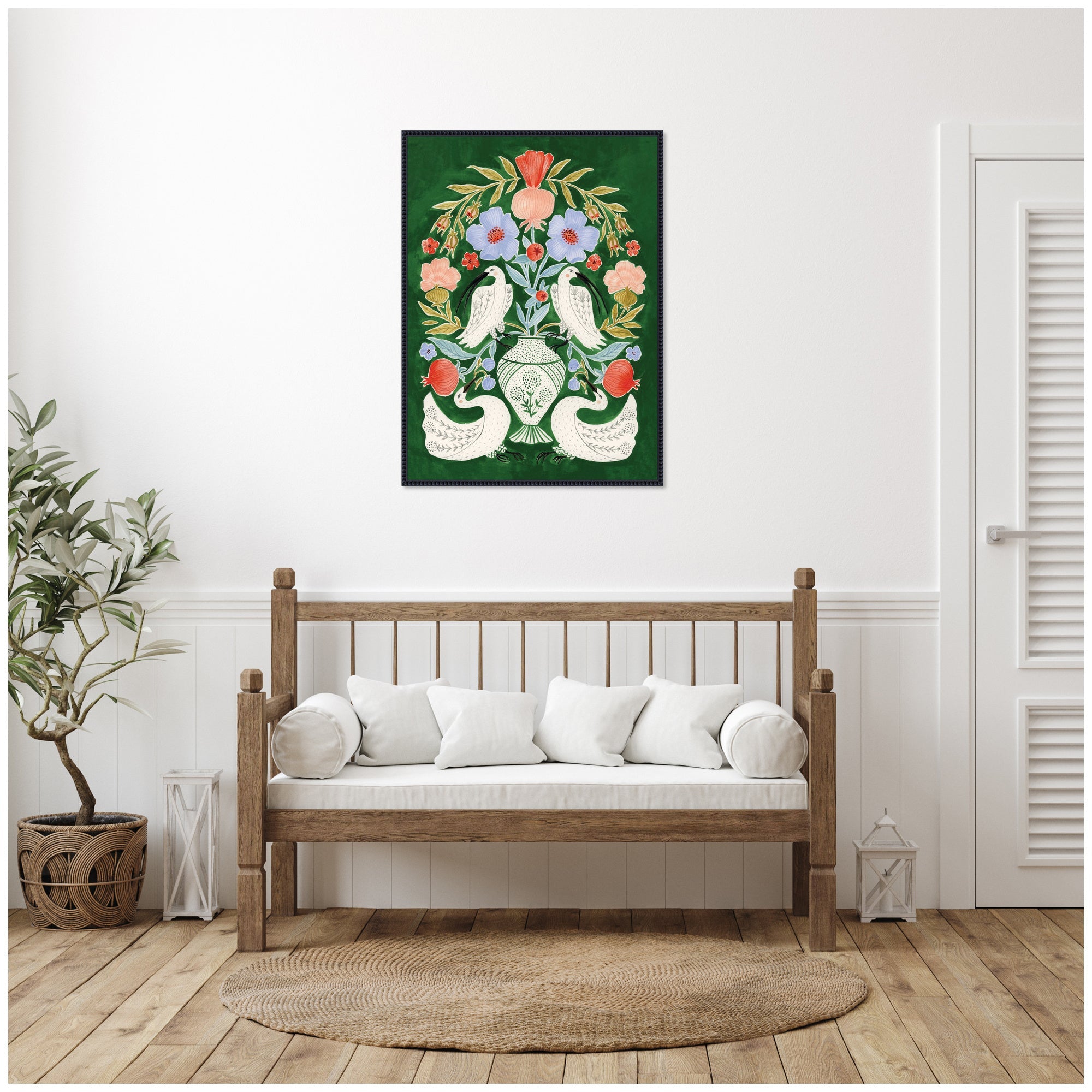 Floral Folklore Ibises and Swan by Jill Labieniec Framed Canvas Wall Art Print