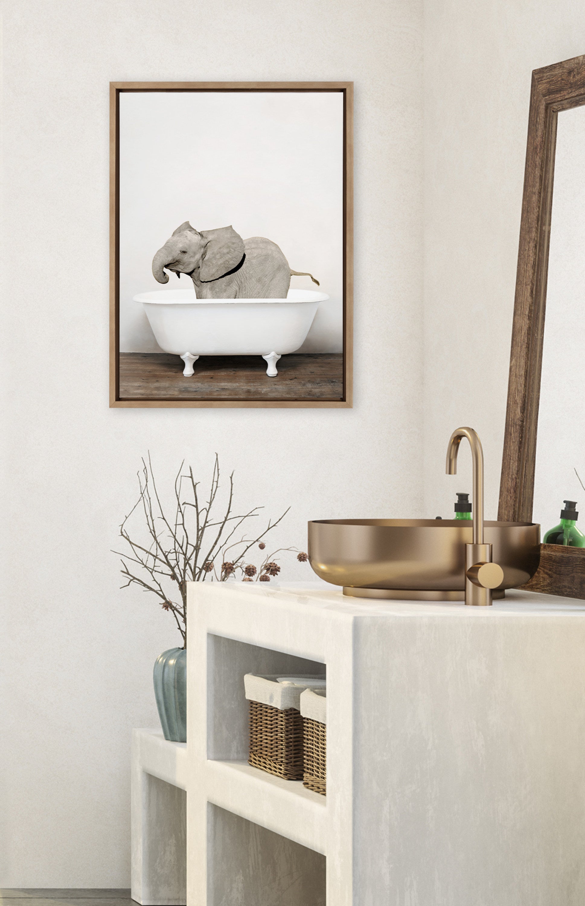Sylvie Baby Elephant in the Tub Color Framed Canvas