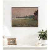 Framed canvas of a misty dusk landscape with muted greens and browns, featuring a glowing moon over a coastal scene with rocky cliffs on the right.