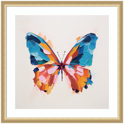 Framed bold colorful brush boho butterfly art with vibrant blues, oranges, and pinks in Florence Gold frame