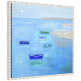 Painting of six small boats in shades of blue and green floating on calm light blue water under a pale sky with a distant white sun and beige shoreline.