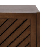 Close-up of a wood side table corner featuring diagonal slatted wood panels with a smooth, warm brown finish and sharp right-angle edges.