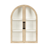 Arched wall cabinet with light wood frame, two glass doors with black handles, and white interior shelves, shown front view.