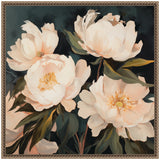 Painterly bouquet of four large soft white peonies with golden centers and green leaves on a dark teal background in an ornate brown frame