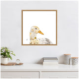 Square framed canvas art featuring a close-up profile of a duck with a yellow-orange beak and textured white, beige, and gray plumage on a white background.