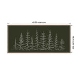 Minimalist sketch of evergreen trees with detailed delicate branches on a dark green canvas, framed in thin brown wood measuring 40 by 18 inches.