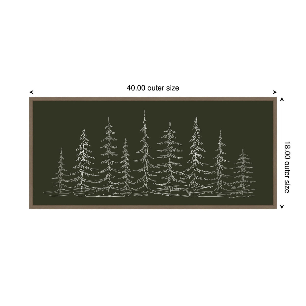 Minimalist sketch of evergreen trees with detailed delicate branches on a dark green canvas, framed in thin brown wood measuring 40 by 18 inches.