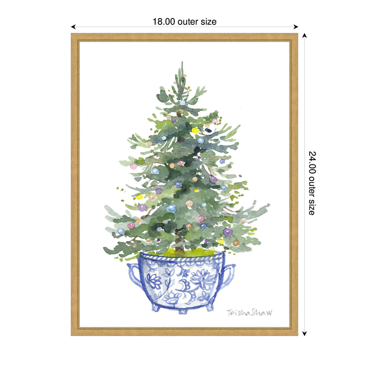 Watercolor painting of a Christmas tree decorated with colorful lights in a blue and white chinoiserie ceramic pot, framed with light wood.