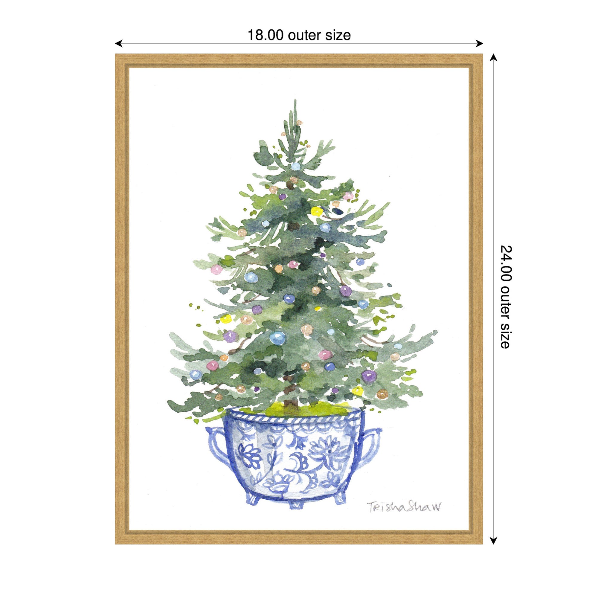 Sylvie Framed Canvas Traditional Christmas Tree In Blue Chinoiserie Pot