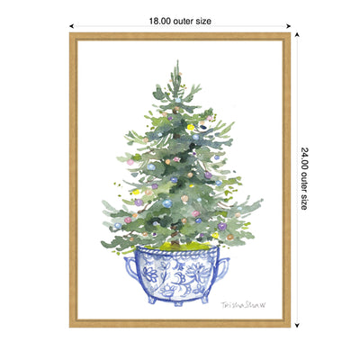 Sylvie Framed Canvas Traditional Christmas Tree In Blue Chinoiserie Pot