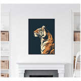 Illustrated side profile of a tiger with orange and black stripes against a solid navy blue background, framed and displayed above a white mantelpiece.