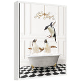 Framed canvas art titled 'Sylvie Penguins in Lux Bathtub' by Amy Peterson showing penguins in a bathtub scene