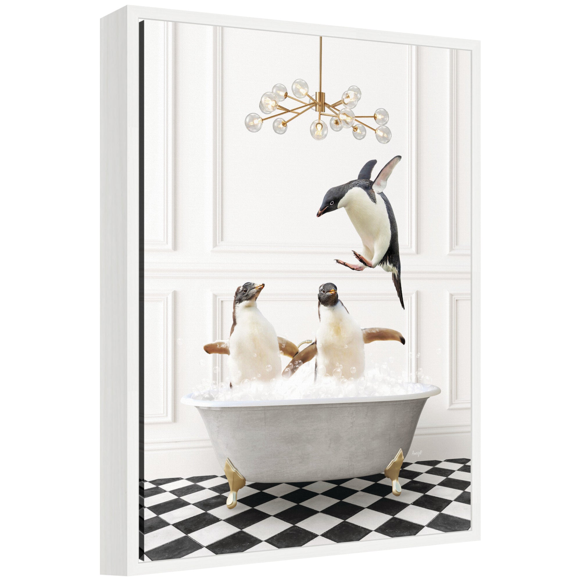 Framed canvas art titled 'Sylvie Penguins in Lux Bathtub' by Amy Peterson showing penguins in a bathtub scene