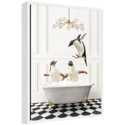 Framed canvas art titled 'Sylvie Penguins in Lux Bathtub' by Amy Peterson showing penguins in a bathtub scene