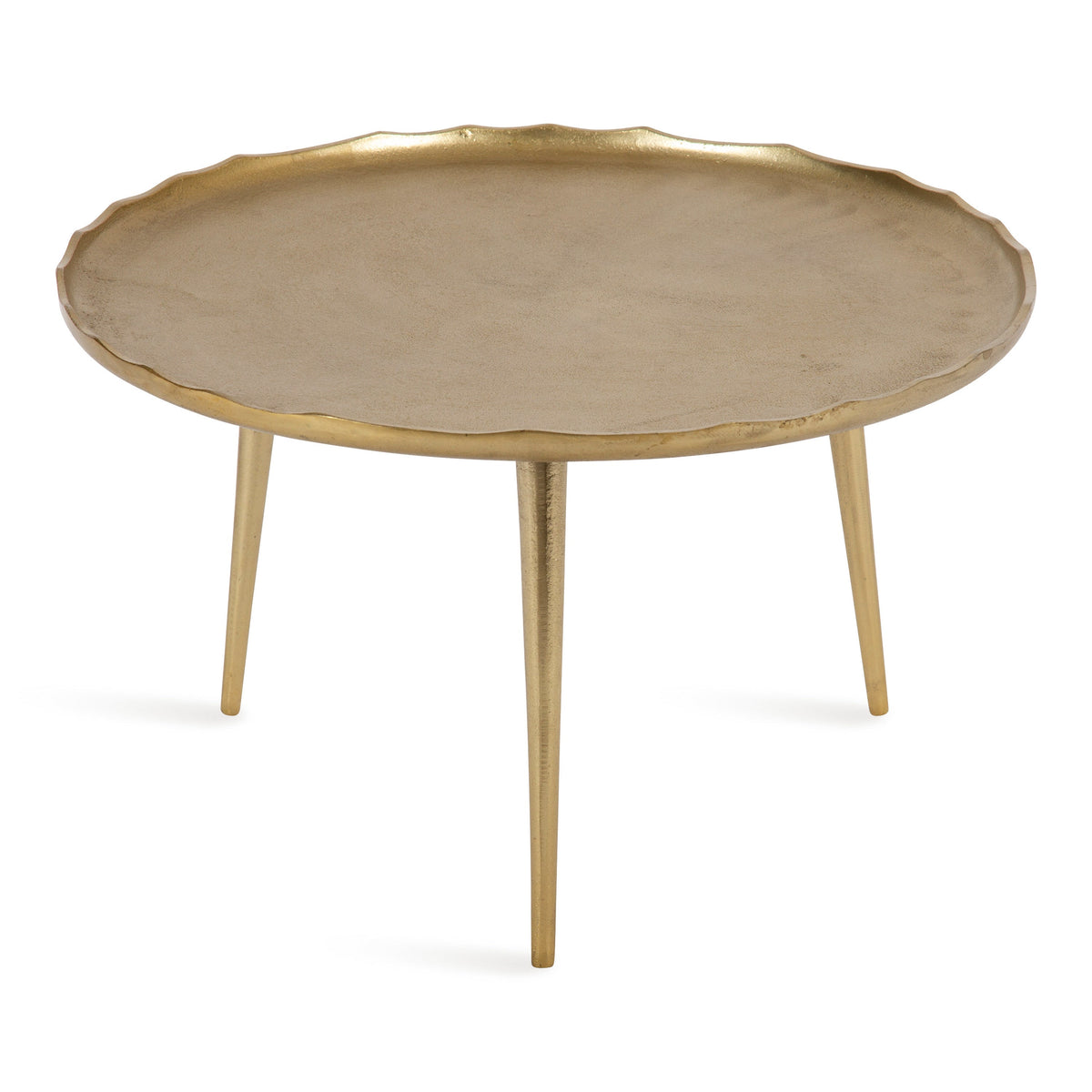 Round gold-toned coffee table with a slightly scalloped edge and three slender, tapered legs on a white background.