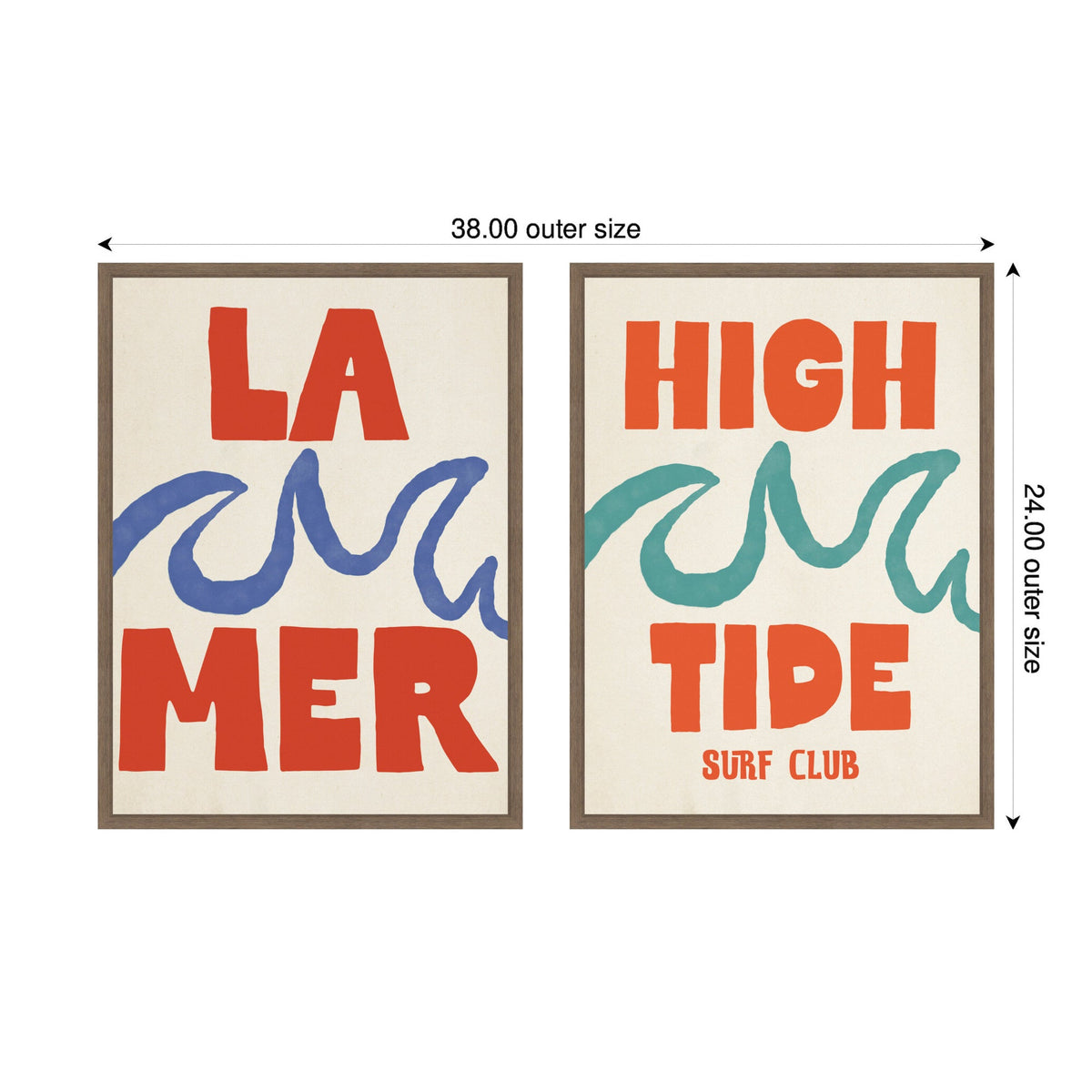 Two framed canvas prints with bold red text 'LA MER' and 'HIGH TIDE SURF CLUB' separated by stylized blue and turquoise wave illustrations on a cream background.