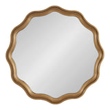Round mirror with a scalloped wooden frame featuring smooth, curved edges and a natural light brown finish, reflecting a plain background.