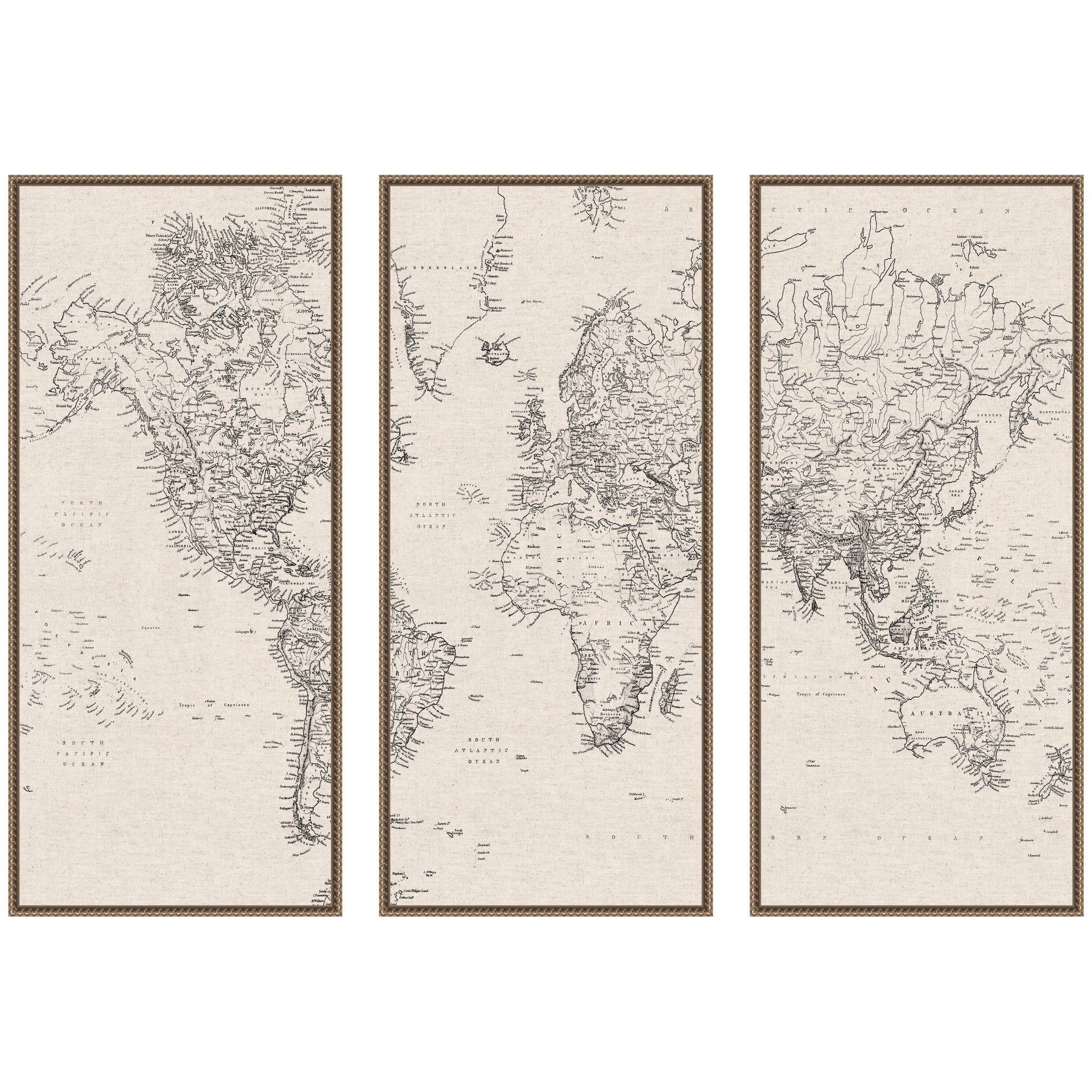 Three-piece framed canvas wall art of vintage black and white world map by The Creative Bunch Studio