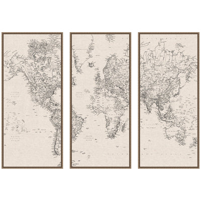Three-piece framed canvas wall art of vintage black and white world map by The Creative Bunch Studio