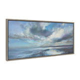Framed canvas artwork titled Sylvie The Tide Waits for No Man by Nel Whatmore, featuring an ocean view mounted on a wall