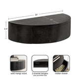 Semi-circular black solid mango wood side table with hidden drawer and Z-bracket hangers, measuring 20" wide, 11" deep, and 5.5" tall.