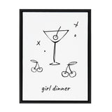 Minimalist black line drawing of a martini glass with an olive and two pairs of cherries on a white background with the text 'girl dinner' beneath.