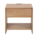 Square light wood side table with a flat top, a drawer featuring a subtle horizontal grain, and an open lower shelf framed by straight legs