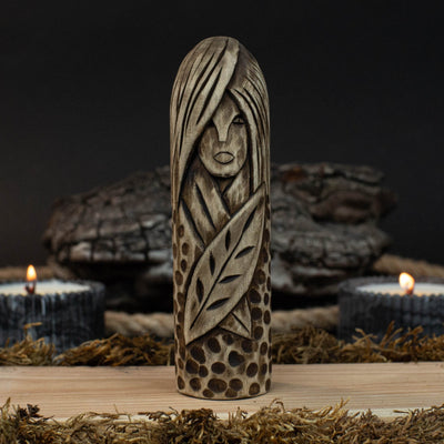 Hand-carved Eir wooden figurine, 14 cm tall, black finish, Norse goddess of healing