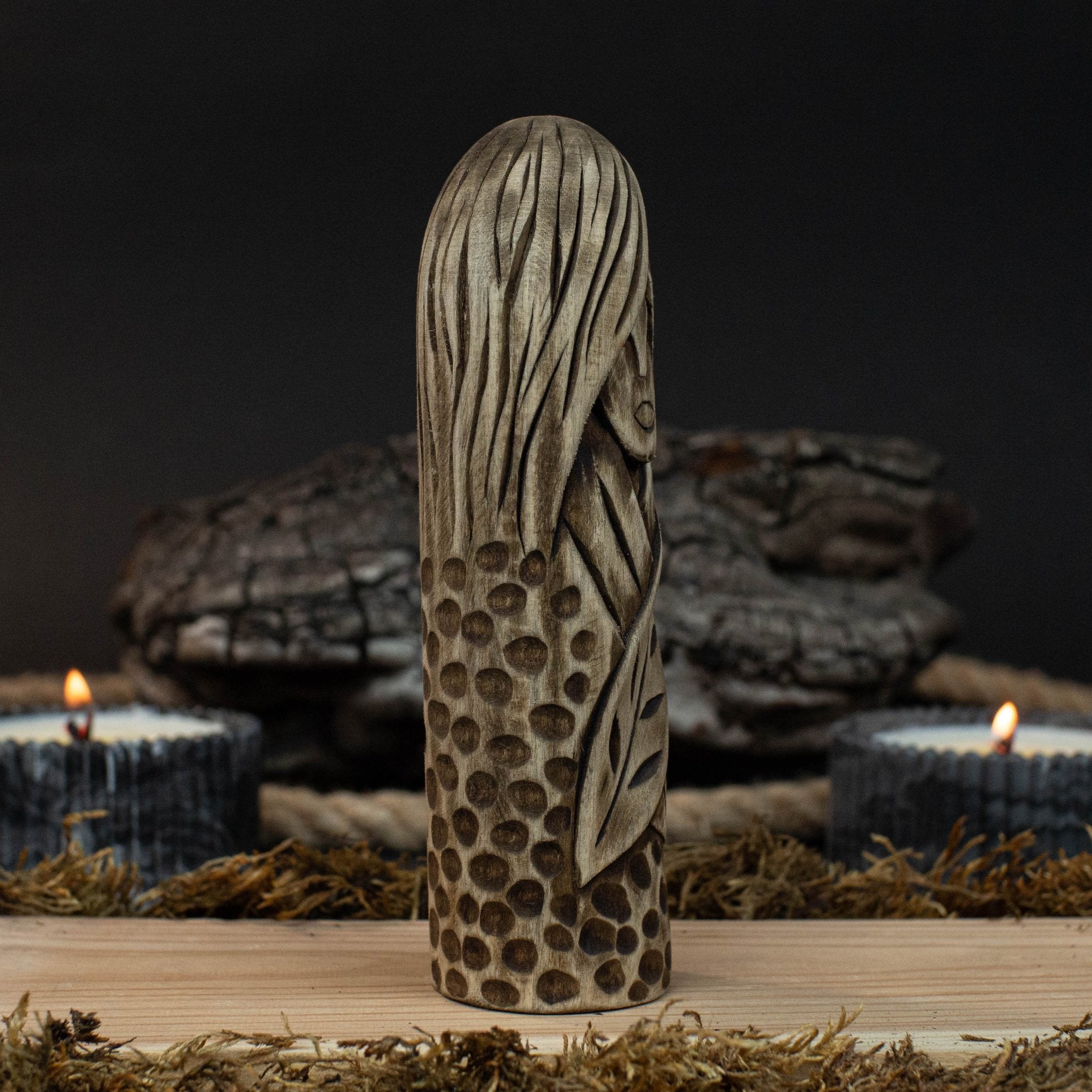 Hand-carved Eir wooden figurine, 14 cm tall, black finish, Norse goddess of healing