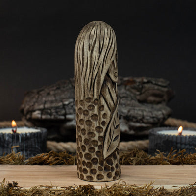 Hand-carved Eir wooden figurine, 14 cm tall, black finish, Norse goddess of healing