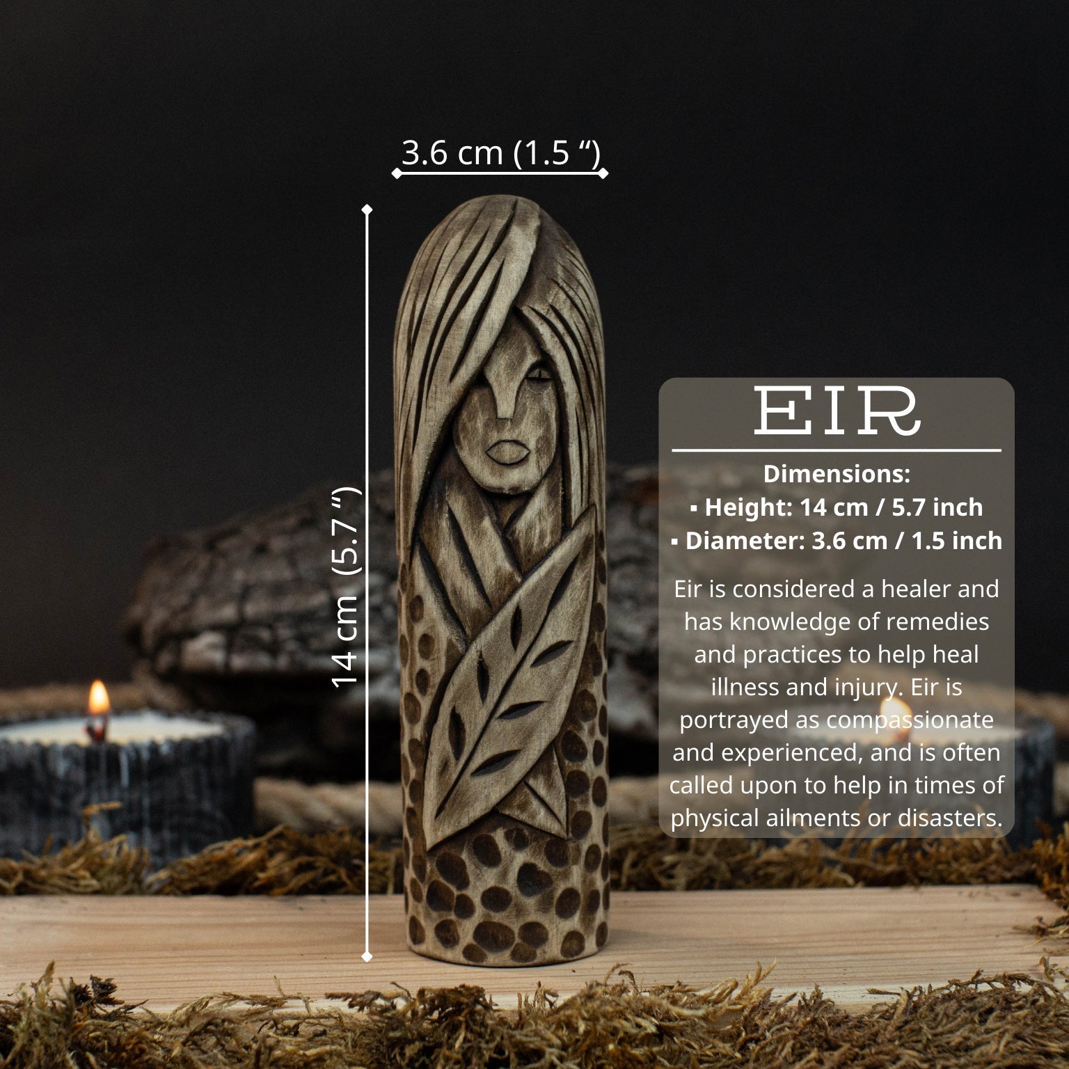 Hand-carved Eir wooden figurine, 14 cm tall, black finish, Norse goddess of healing
