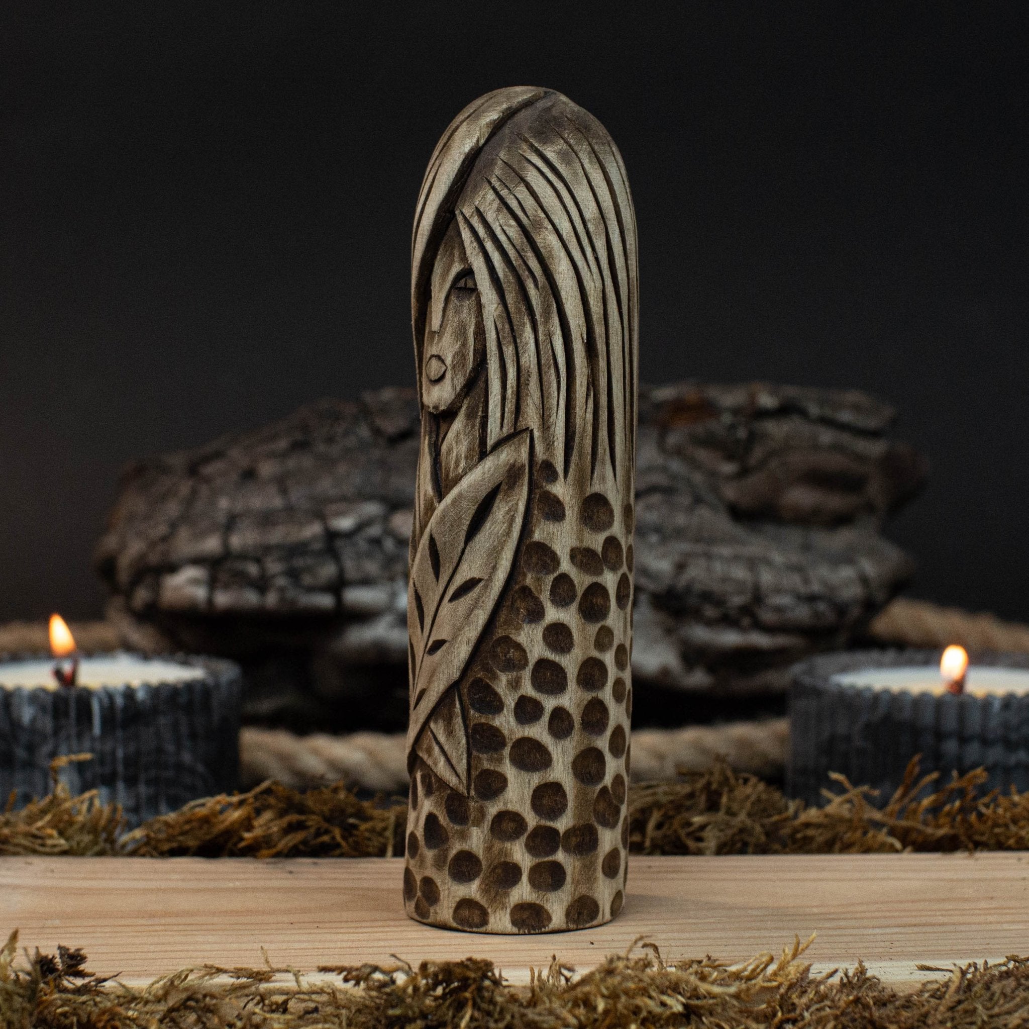 Hand-carved Eir wooden figurine, 14 cm tall, black finish, Norse goddess of healing
