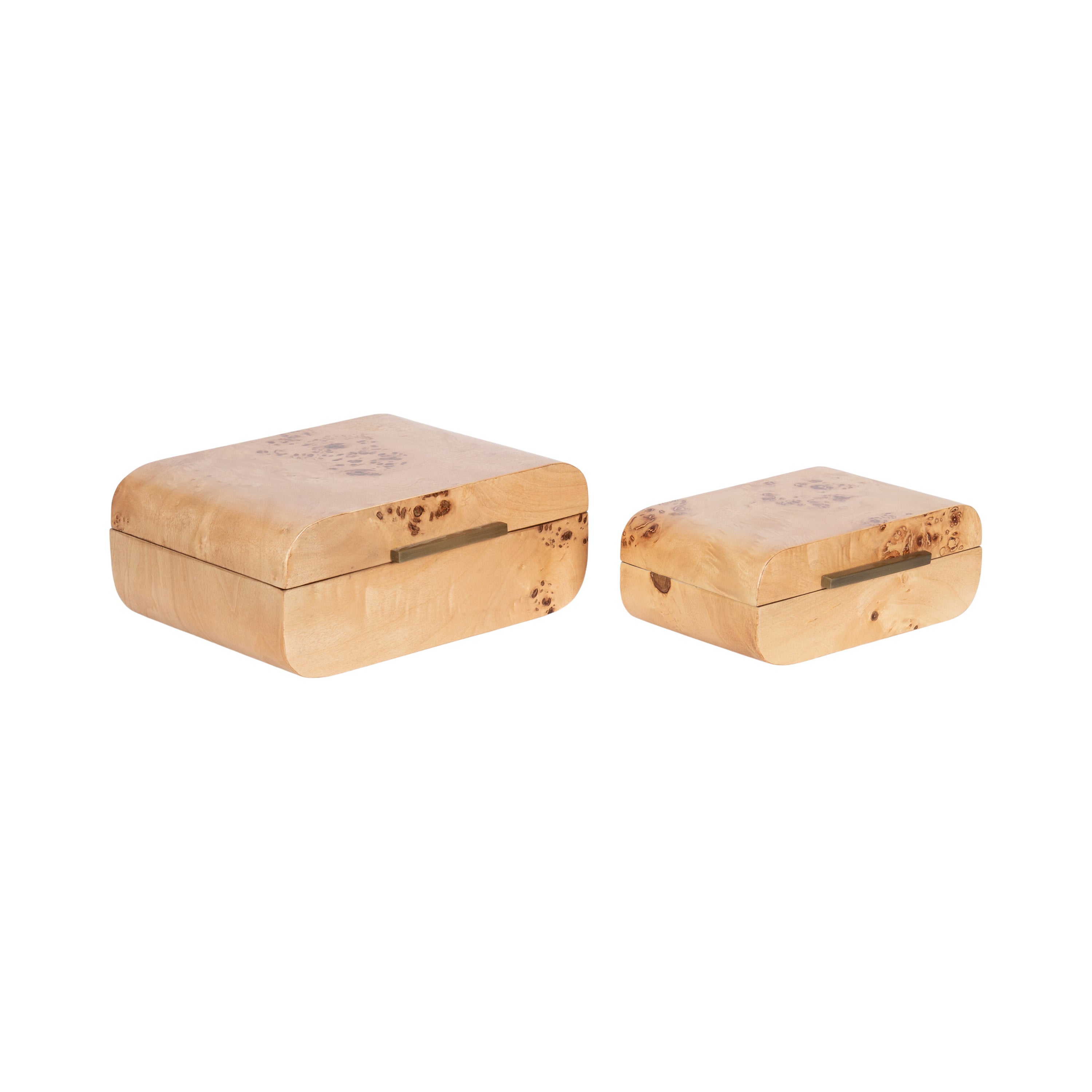 Two stacked Burlock Stacking Boxes with burlwood veneer and metal handles on a white surface