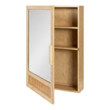 Light wooden wall-mounted vanity cabinet with a mirror door featuring rattan detail below and two interior shelves on the right side, shown open.