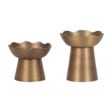 Two bronze-colored metal candle holders with flared, scalloped tops and tapered cylindrical bases, shown side by side on a white background.