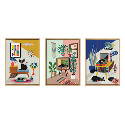 Sylvie Record Player, TV Cat Bed and Chill Out Saturday Framed Canvas Art Set by Rachel Lee of My Dream Wall