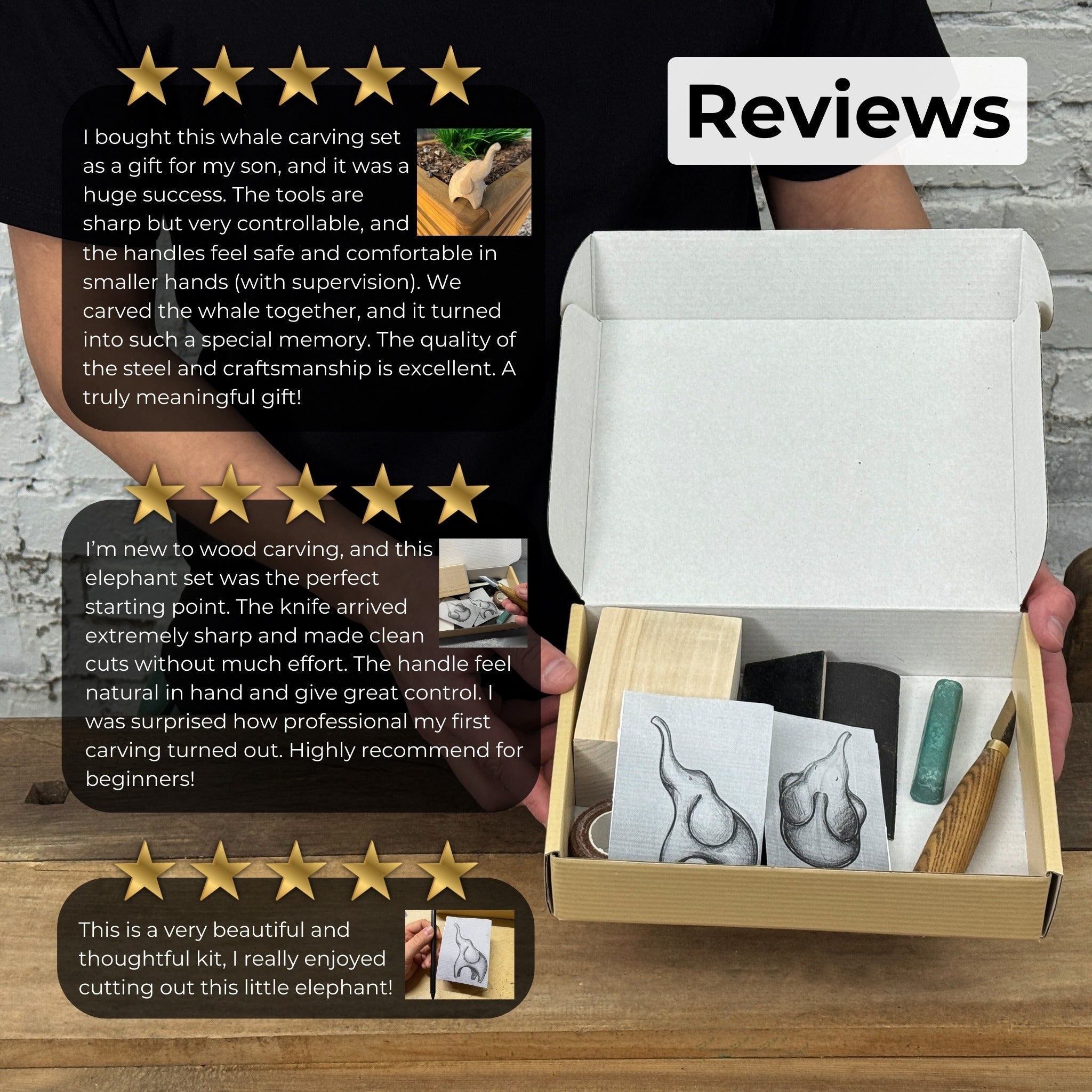 Elephant Carving Kit with hand-forged knife, wood blocks, sandpaper, sharpening board, pencil, and elephant drawing